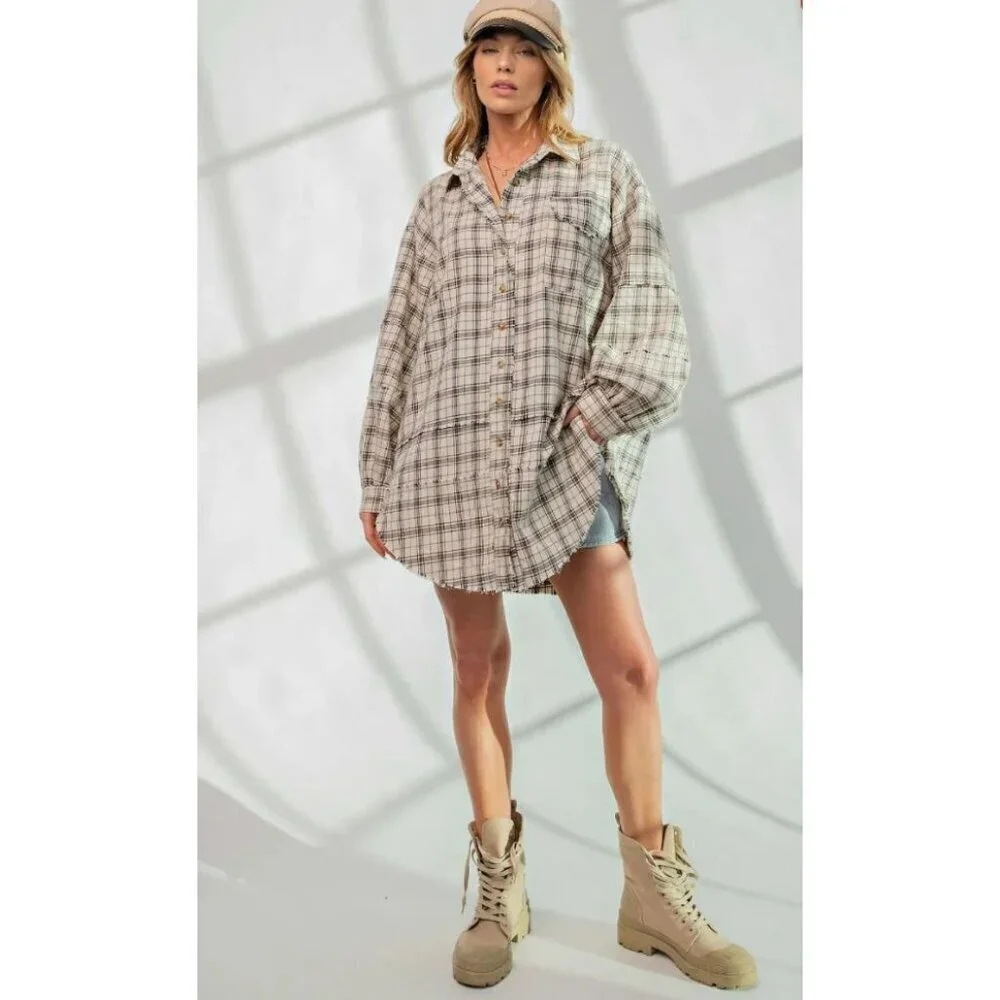 The Perfect Plaid Oversized Mineral Washed Shirt in Natural - Picture 2 of 5